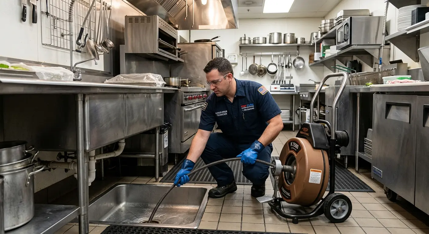 Commercial drain cleaning service in a restaurant kitchen in Malone