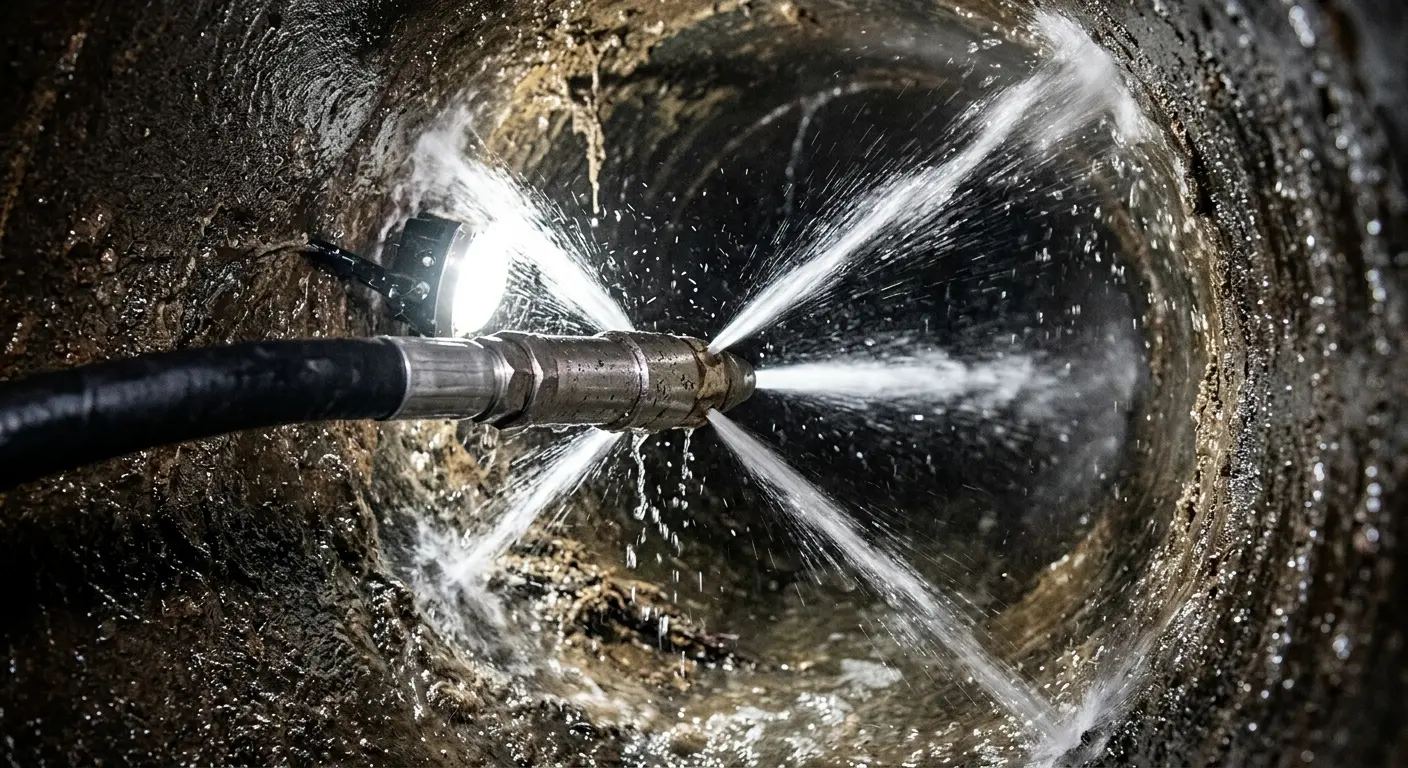 High-pressure hydro jetting nozzle cleaning sewer pipe for Trenchless Sewer Repair in Malone
