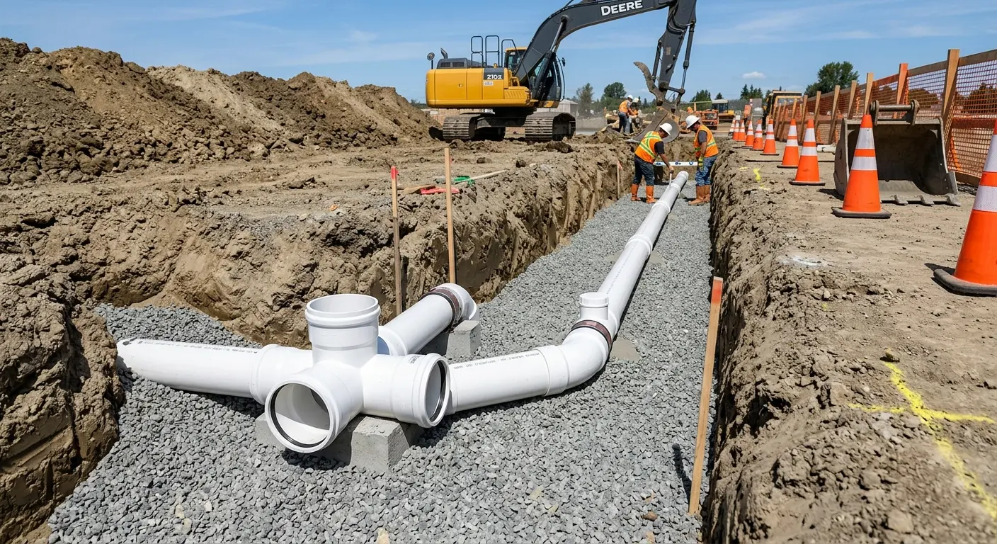 New PVC sewer pipe installation in open trench for Commercial Drain Cleaning in Malone
