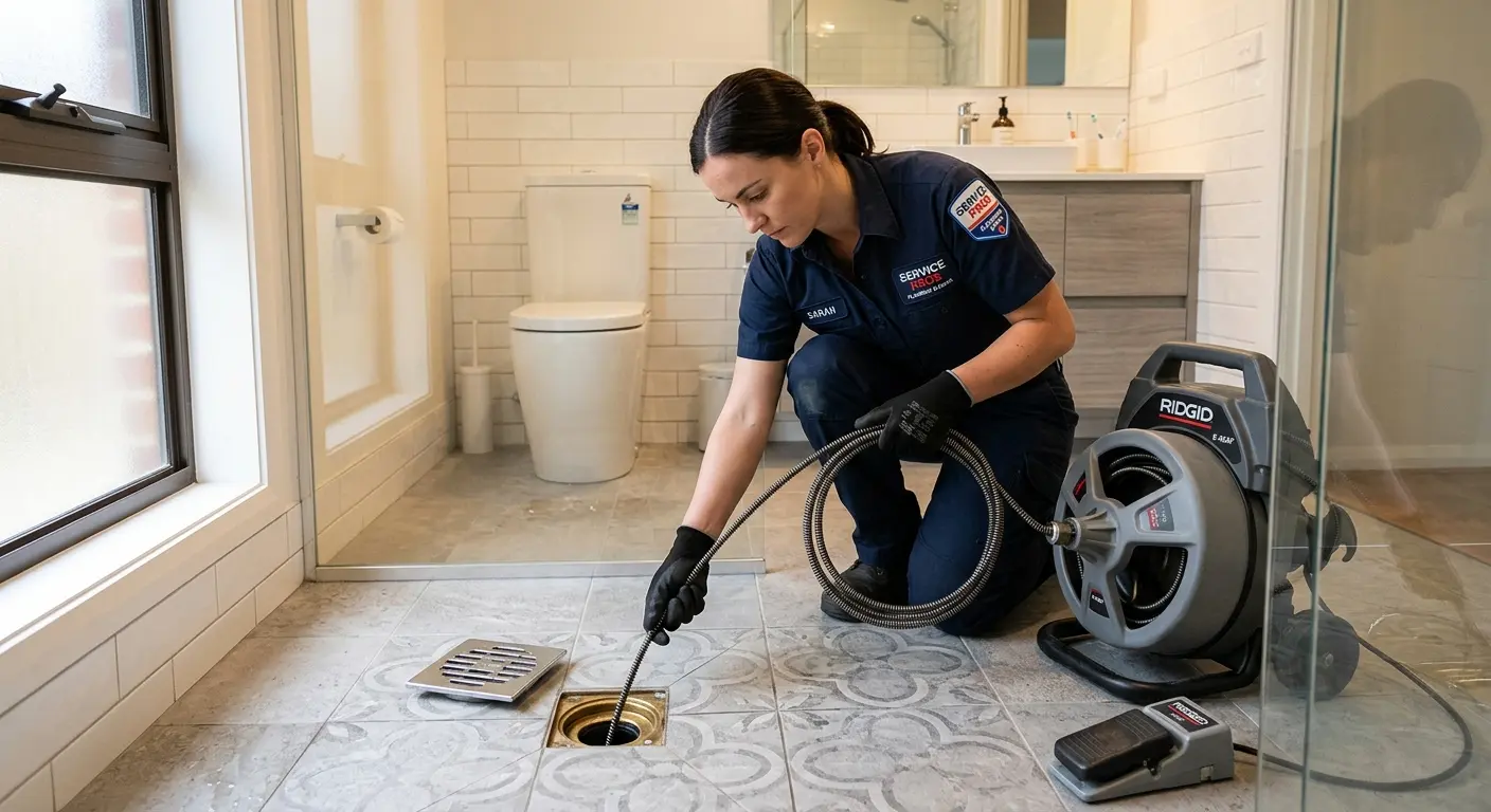Technician clearing a bathroom floor drain for Clogged Drain Repair in Malone